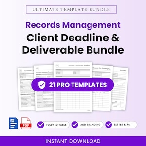May include: A digital records management bundle featuring 21 pro templates for client deadlines and deliverables. The documents include trackers, logs, and invoices in Word and PDF formats. Features include fully editable text, branding options, and compatibility with letter and A4 paper sizes.
