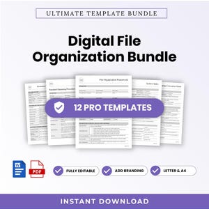 May include: A digital file organization bundle featuring 12 pro templates. The documents include a file organization framework, standard operating procedures, and an archive index. The bundle is fully editable, supports branding, and is available in letter and A4 sizes.