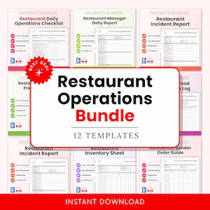 May include: A bundle of 12 restaurant operations templates, including checklists, reports, and guides. The documents are in various colors and feature the text "Restaurant Operations Bundle" and "Instant Download."