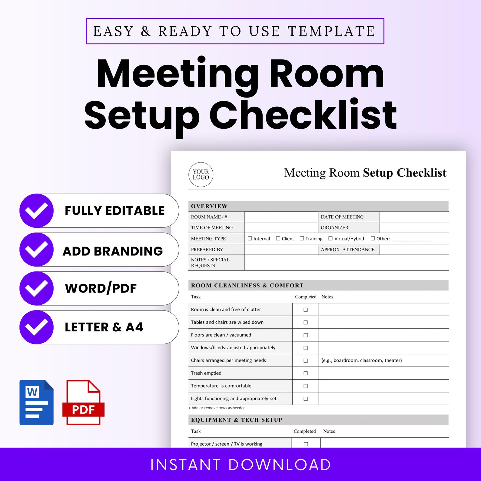 Meeting Room Setup Checklist Template – Word & PDF, A4 + US Letter - Etsy