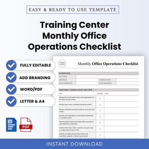 May include: A digital template for a Monthly Office Operations Checklist. The document features sections for overview, location, and monthly review tasks with checkboxes. It includes labels for fully editable, add branding, Word/PDF, and letter/A4.