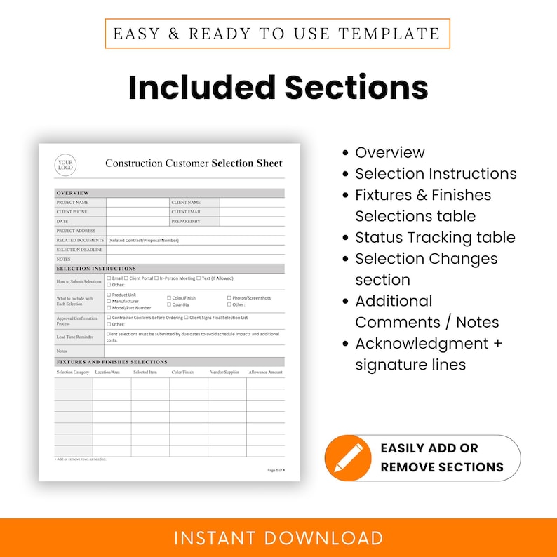 Construction Customer Fixture/finishes Selection Sheet Template – Word ...