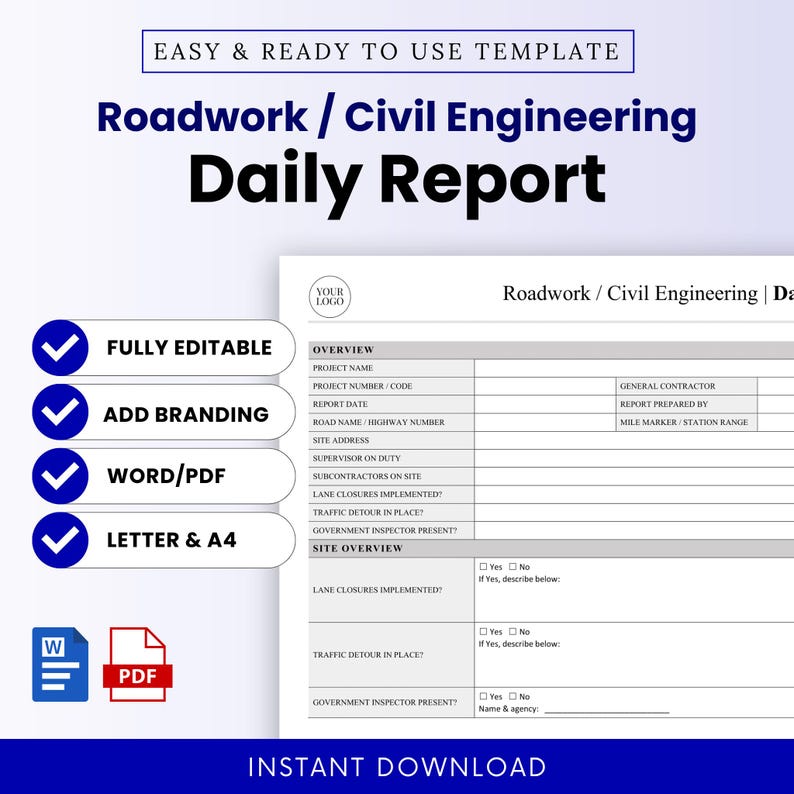 Road Work / Civil Engineering Daily Report Template – Word & PDF, A4 ...