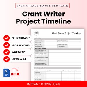 Peut inclure: Un modèle de chronologie de projet de rédacteur de subventions blanc avec le texte "Grant Writer Project Timeline" en gras noir. Le modèle comprend des sections pour l'aperçu du projet, le résumé et les étapes clés. Les mots "Fully Editable", "Add Branding", "Word/PDF" et "Letter & A4" sont également visibles.