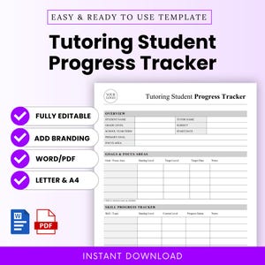 May include: A white tutoring student progress tracker template with purple accents. The template includes sections for student name, grade level, goals, and skill progress. Text includes "Fully Editable", "Add Branding", "Word/PDF", and "Letter & A4".