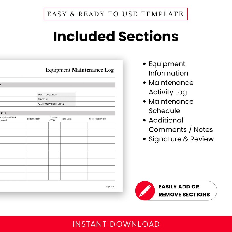 Maintenance Breakdown Log Equipment Maintenance Log Template - Word & PDF, A4 + US Letter - Etsy