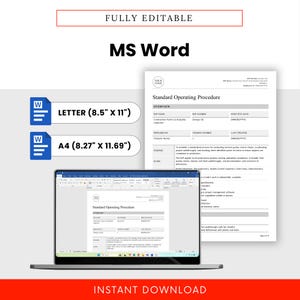 Image highlighting that the template is fully editable in Microsoft Word, available in US Letter (8.5 x 11") and A4 (8.27 x 11.69") sizes, ideal for digital or print use.
