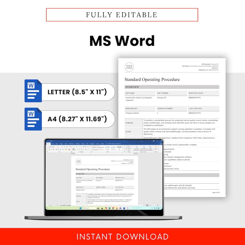 Image highlighting that the template is fully editable in Microsoft Word, available in US Letter (8.5 x 11") and A4 (8.27 x 11.69") sizes, ideal for digital or print use.