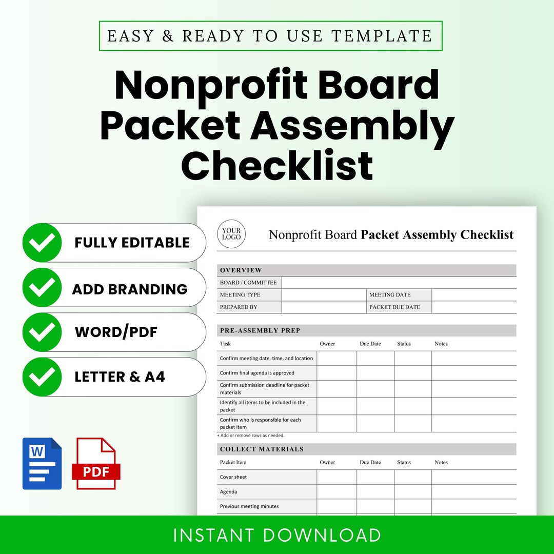 Nonprofit Board Packet Assembly Checklist Template – Word & PDF, A4 ...