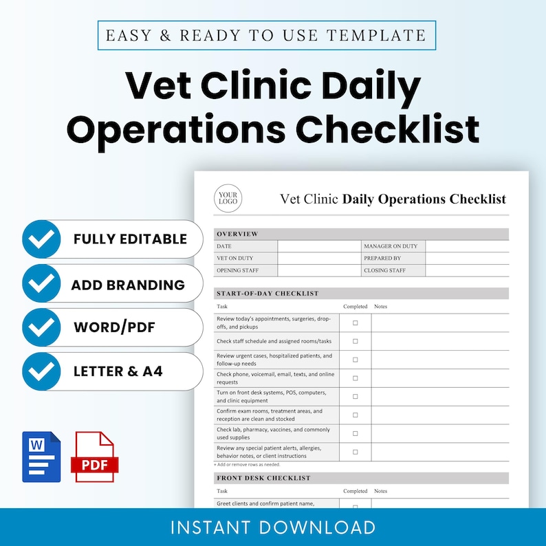 Objective Dvm Checklist Vet Clinic Daily Operations Checklist Template – Word & PDF, A4 + US ...