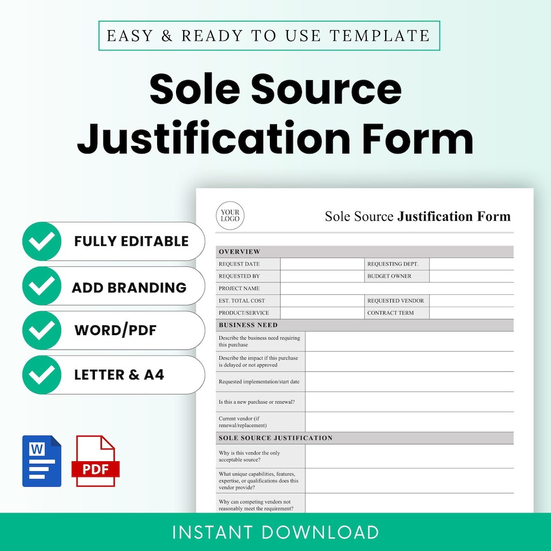 Source Justification Sole Source Justification Form Template – Word & PDF, A4 + US Letter - Etsy