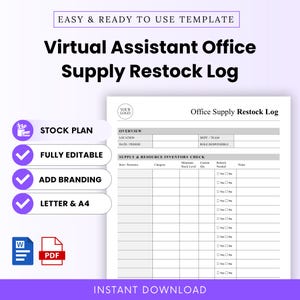 Virtual Assistant Office Supply Restock Log Template – Word & PDF, A4 + US Letter