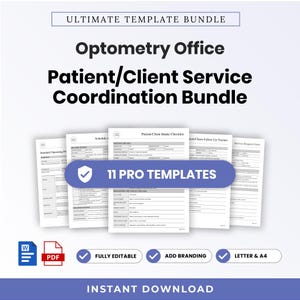 Op de afbeelding: Een Optometrie Kantoor Patiënt/Cliënt Service Coördinatie Bundel met 11 professionele sjablonen in Word- en PDF-formaat. Bevat intake-checklists, opvolgtrackers en serviceformulieren, volledig bewerkbaar voor eigen branding.