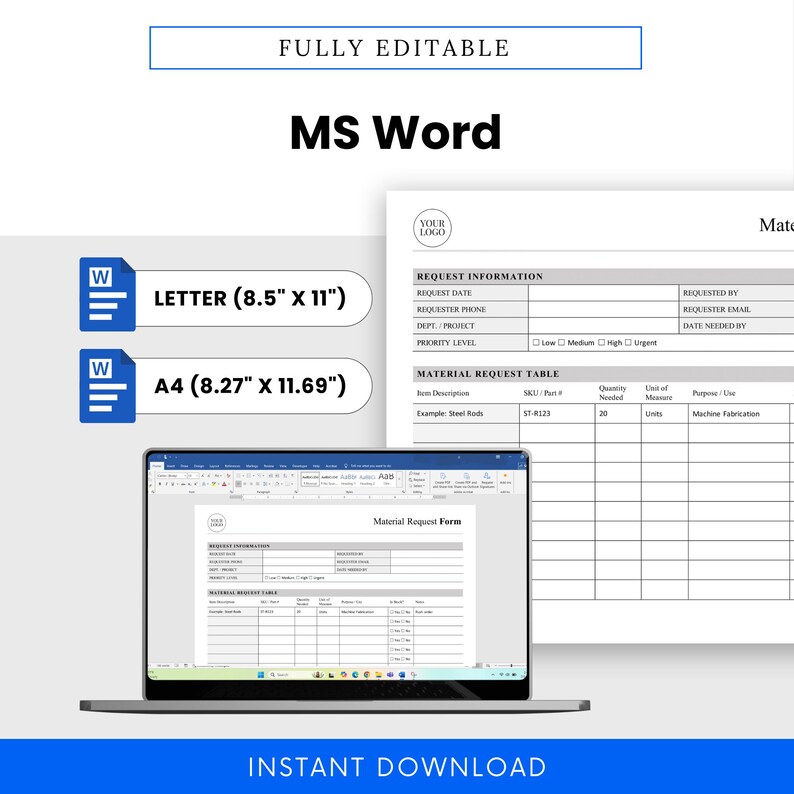 Material Request Form Template – Word & PDF, A4 + US Letter - Etsy
