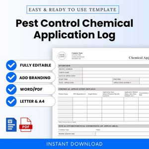 May include: A digital pest control chemical application log template. The document includes sections for overview, chemical application details, and site conditions. Features include fully editable fields, branding options, and Word/PDF formats. Available in Letter and A4 sizes.