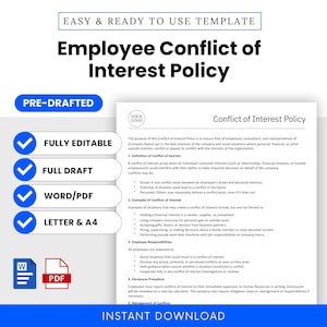 Employee Conflict of Interest Policy Template (Word, PDF) | Simple Human Resources HR Template, Employee Handbook Insert, Printable Editable