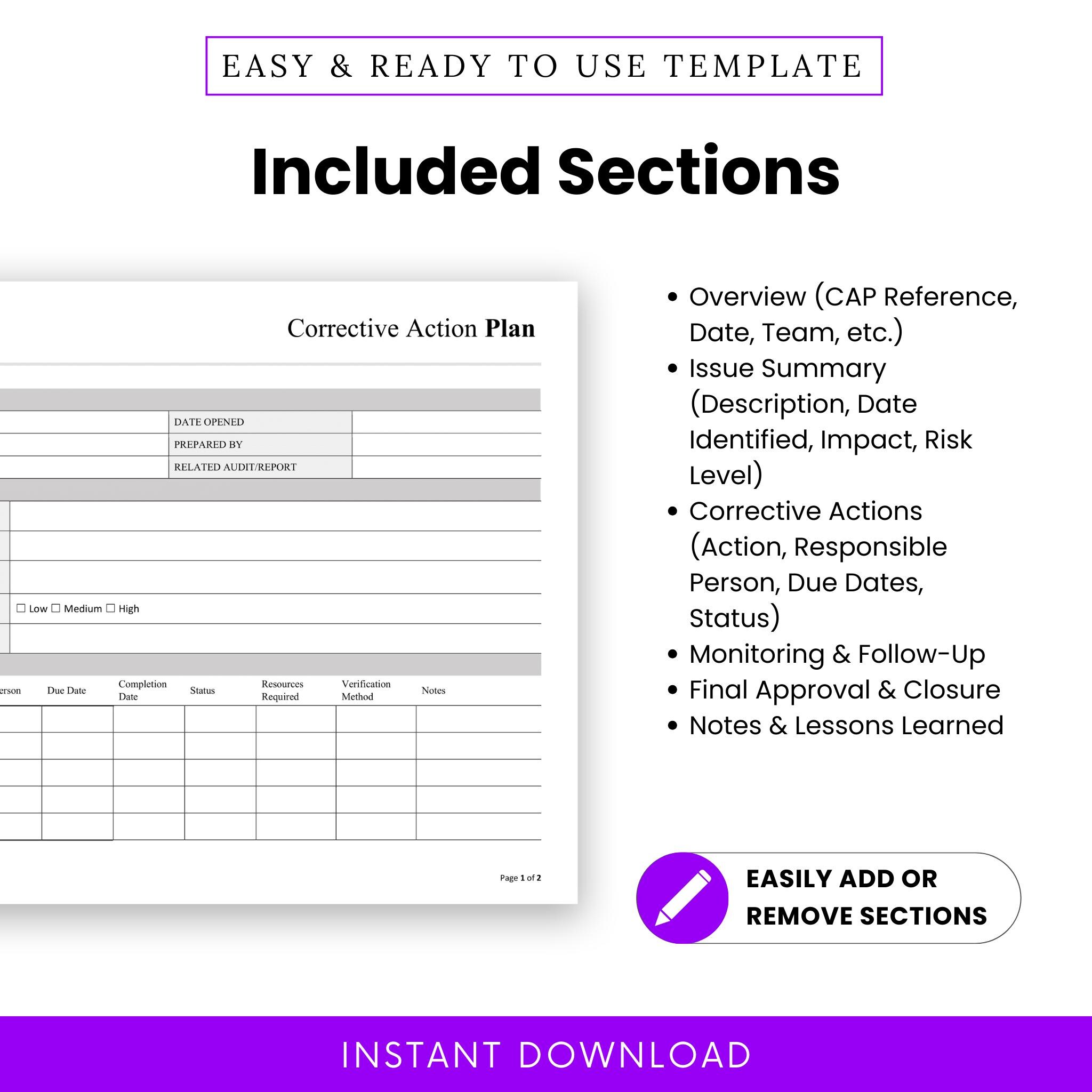 Simple Corrective Action Plan Template – Word & PDF, A4 + US Letter - Etsy