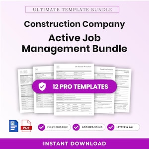 Op de afbeelding: Een digitaal documentenpakket getiteld Ultimate Template Bundle Construction Company Active Job Management Bundle met 12 professionele sjablonen. De set bevat diverse zakelijke formulieren met tabellen en velden voor projectdetails, overdrachten en planningen.