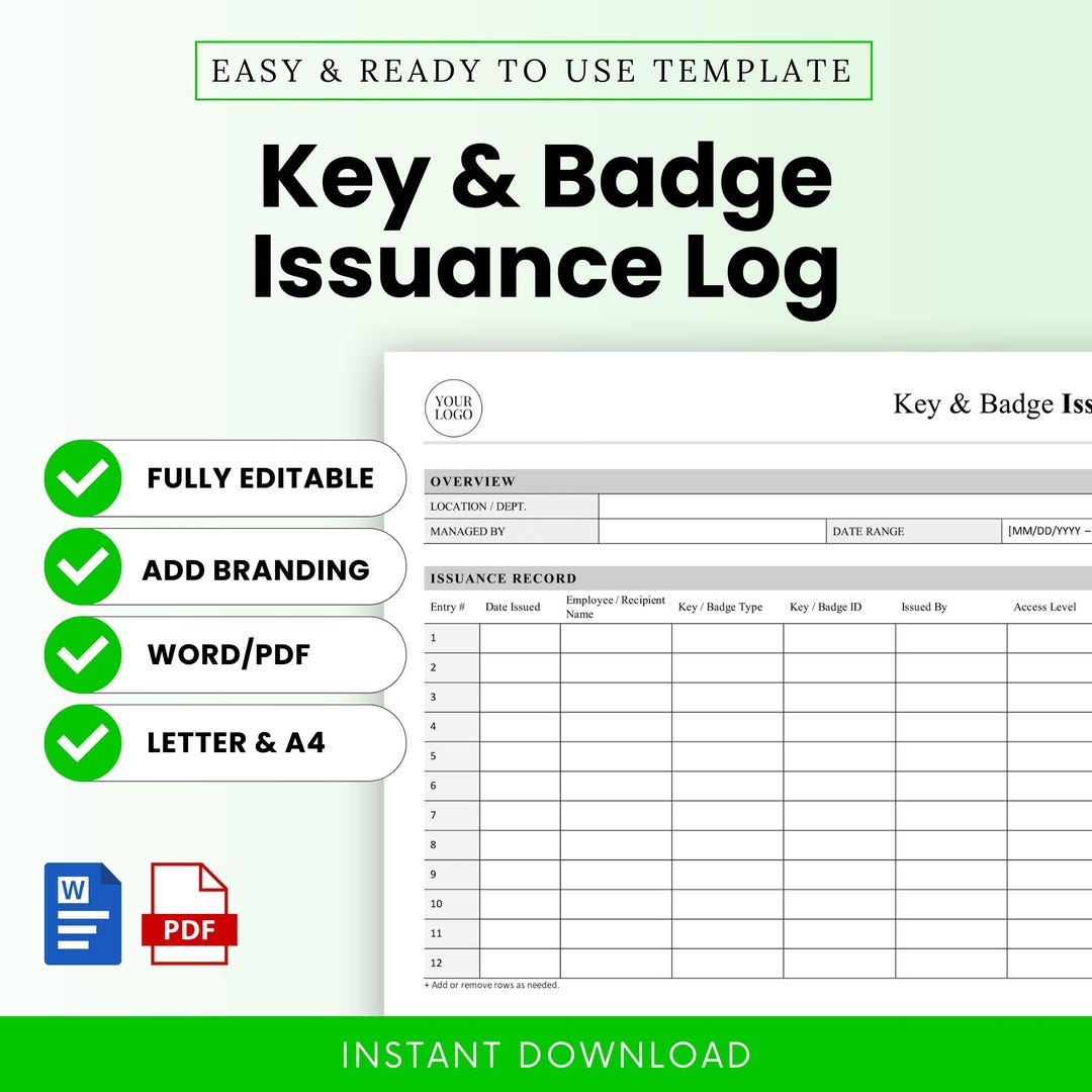 Employee Key and Badge Issuance Log Template - Word & PDF, A4 + US ...