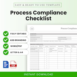 May include: A Process Compliance Checklist template in white and grey, with the title "Process Compliance Checklist" in bold black text. The checklist includes sections for overview, process compliance, and review details. Features include "Fully Editable," "Add Branding," and "Word/PDF."