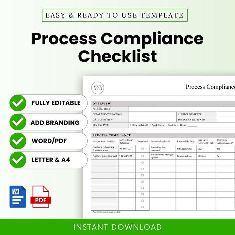 Checklist Type Process Compliance Checklist Template – Word & PDF, A4 + US Letter - Etsy