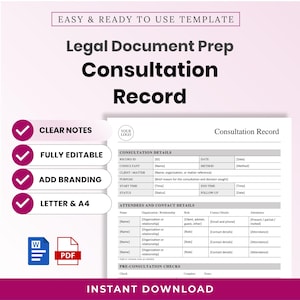 Op de afbeelding: Een digitaal sjabloon voor een consultatieverslag voor de voorbereiding van juridische documenten. Het document bevat secties voor consultatiegegevens, contactgegevens van aanwezigen en pre-consultatiecontroles.