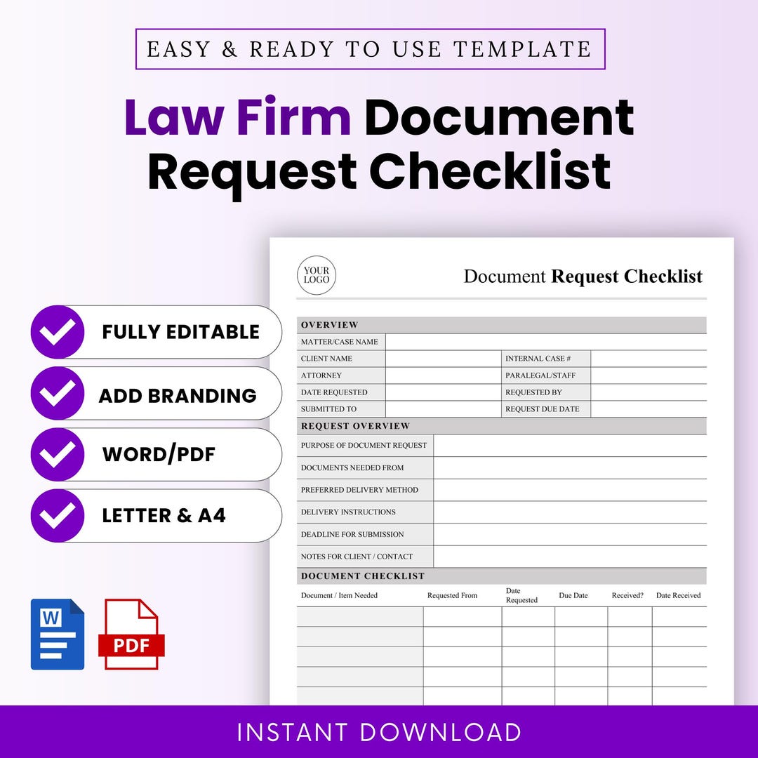Law Firm Document Request Checklist Template – Word & PDF, A4 + US ...