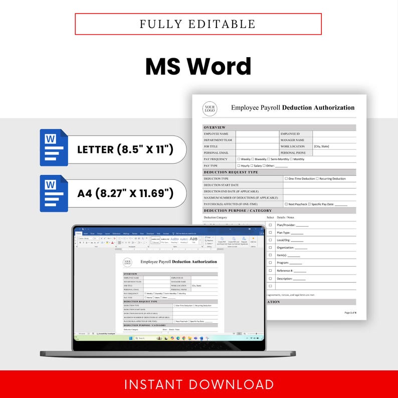 Employee Payroll Deduction Authorization Form Template – Word & PDF, A4 ...