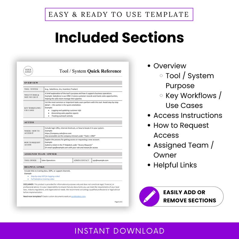 Preview image outlining all included sections of the quick reference template: tool overview, access info, admin contacts, and helpful links. Designed for business clarity.