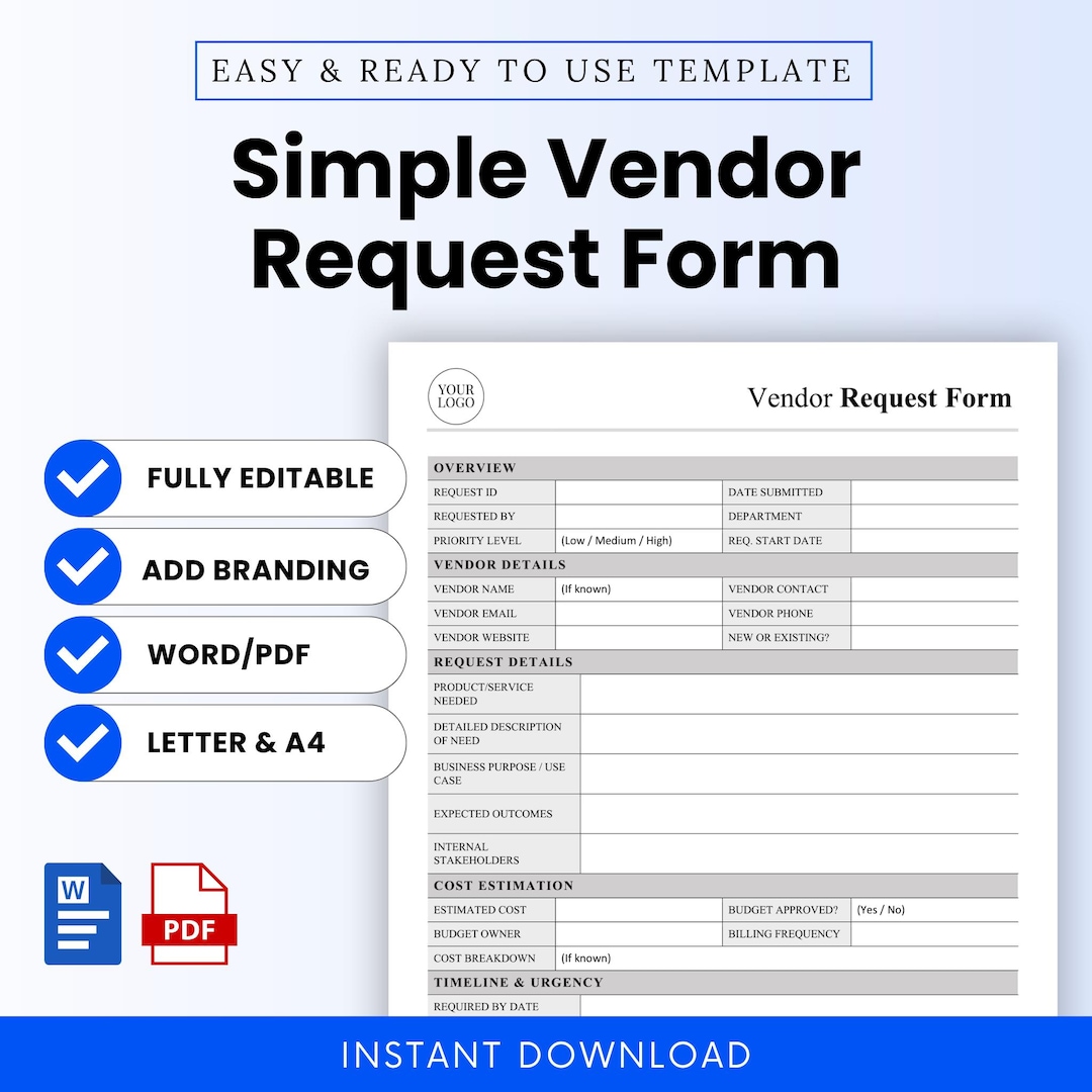 Simple Vendor Request Form Template – Word & PDF, A4 + US Letter - Etsy