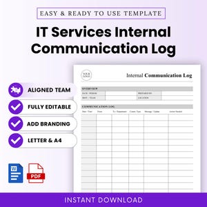 Pode incluir: Um modelo digital para um registo de comunicação interna de serviços de TI, apresentando um documento branco com texto preto, incluindo secções para data, período, departamento e detalhes de comunicação. O gráfico inclui as etiquetas: ALIGNED TEAM, FULLY EDITABLE, ADD BRANDING, LETTER & A4, e ícones para ficheiros Word e PDF.