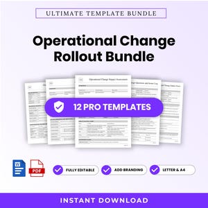 May include: A digital document bundle titled Ultimate Template Bundle and Operational Change Rollout Bundle, featuring 12 pro templates, fully editable, with branding options, available in Word and PDF formats for Letter and A4 paper sizes.