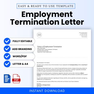 Employment Termination Letter Template (Word, PDF) | Formal Employee Termination Template, Professional HR Form, Human Resources, Simple