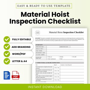 Material Hoist Inspection Checklist template promotional graphic showing a preview of the form with bold product title, key selling points like "fully editable", "add branding", "Word/PDF", and format options including Letter and A4 sizes. Green checkmarks emphasize ease of use and instant download.