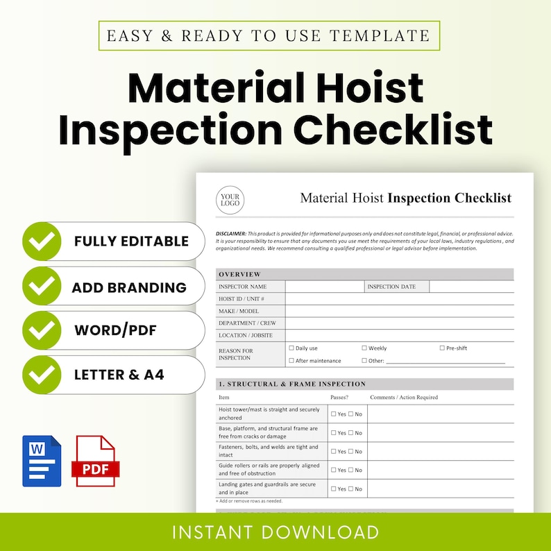 Material Hoist Inspection Checklist template promotional graphic showing a preview of the form with bold product title, key selling points like "fully editable", "add branding", "Word/PDF", and format options including Letter and A4 sizes. Green checkmarks emphasize ease of use and instant download.