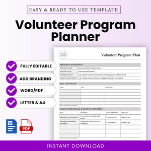 Puede incluir: Una plantilla de Planificador de Programa de Voluntariado blanca con acentos morados. El documento incluye secciones para la descripción general del programa, contactos clave y roles de voluntarios. Totalmente editable, agregar marca, Word/PDF y A4.