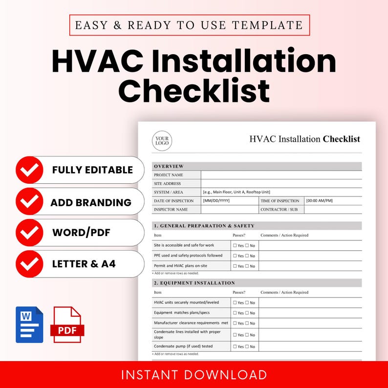 HVAC Installation Checklist Template – Word & PDF, A4 + US Letter - Etsy