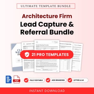 May include: A digital template bundle for architecture firms featuring the text Ultimate Template Bundle, Architecture Firm Lead Capture & Referral Bundle, and 21 Pro Templates. Includes document previews for standard operating procedures.