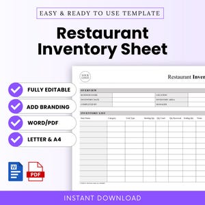 Pode incluir: Um modelo de folha de inventário de restaurante branco com o texto "Restaurant Inventory Sheet" em letras pretas grandes. A folha inclui seções para o nome da empresa, data do inventário e uma lista de inventário. As palavras "Fully Editable", "Add Branding", "Word/PDF" e "Letter & A4" também são visíveis.