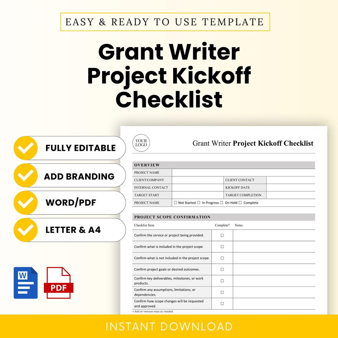 Grants Checklist.pdf Grant Writer Project Kickoff Checklist Template – Word & PDF, A4 + US ...