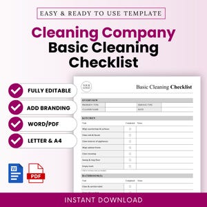 Puede incluir: Plantilla de lista de verificación de limpieza básica para empresas de limpieza, con fondo blanco y detalles en rosa y morado. La lista incluye secciones para la cocina y el baño.