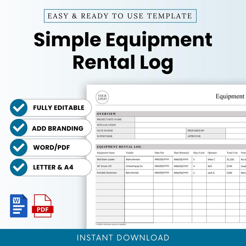Tool Rental Log Simple Equipment Rental Log Template – Word & PDF, A4 + US Letter - Etsy UK