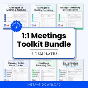 May include: A bundle of six printable templates for 1:1 meetings, including an agenda, notes log, questions bank, action items tracker, coaching plan, and check-in form. The templates are labeled as easy to use and fully editable.