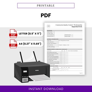 PDF version of the inspection form shown ready to print in US Letter and A4 sizes; includes printer graphic emphasizing the form’s print-ready format.