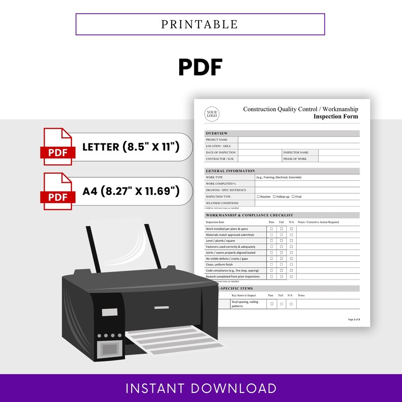 PDF version of the inspection form shown ready to print in US Letter and A4 sizes; includes printer graphic emphasizing the form’s print-ready format.