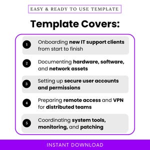 Preview slide listing key use cases of the checklist template, including onboarding new IT support clients, documenting assets, setting up user accounts, preparing remote access, and coordinating tools. Great for managed IT onboarding processes.