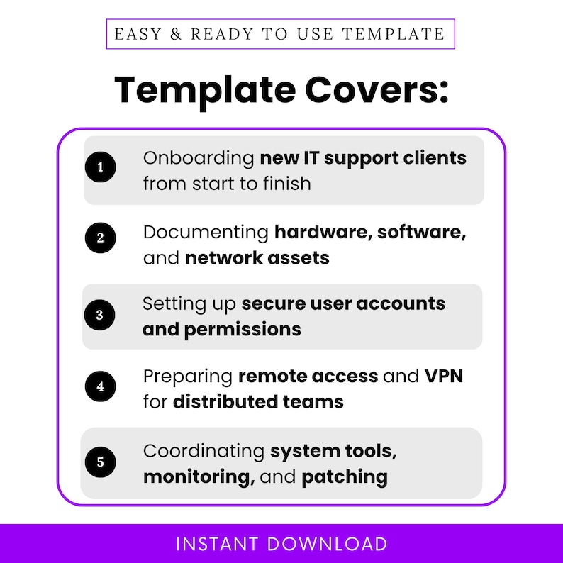 Preview slide listing key use cases of the checklist template, including onboarding new IT support clients, documenting assets, setting up user accounts, preparing remote access, and coordinating tools. Great for managed IT onboarding processes.