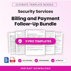 Könnte beinhalten: Ein digitales Dokumentenpaket mit dem Titel Ultimate Template Bundle für die Abrechnung und Zahlungsnachverfolgung von Sicherheitsdiensten. Es enthält 11 professionelle Vorlagen in Word- und PDF-Formaten, bearbeitbar für Letter- und A4-Papier.