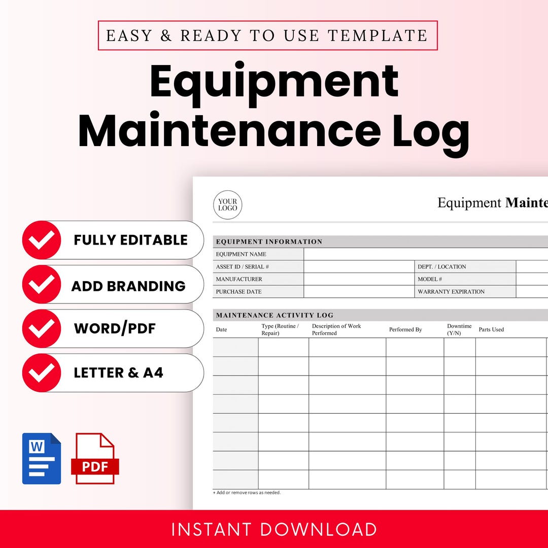 Equipment Maintenance Log Template - Word & PDF, A4 + US Letter - Etsy