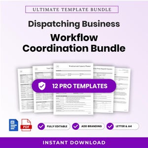 Può includere: Un pacchetto di documenti digitali intitolato Ultimate Template Bundle, Dispatching Business Workflow Coordination Bundle, contenente 12 modelli professionali, completamente modificabili, opzioni di branding, formati letter e A4, con icone Word e PDF.